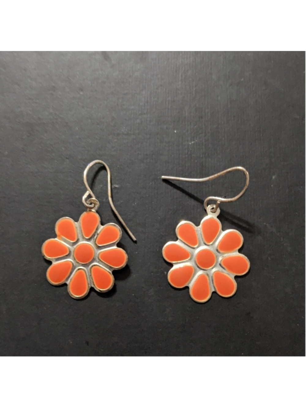 Silver Tone Orange Flower Daisy Floral Dainty Delicate Statement Earrings